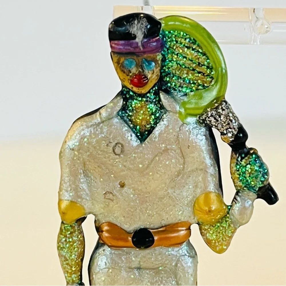 Vintage 90s JJ Jonette Embossed Pewter Enamel, Glitter Tennis Player Brooch/Pin